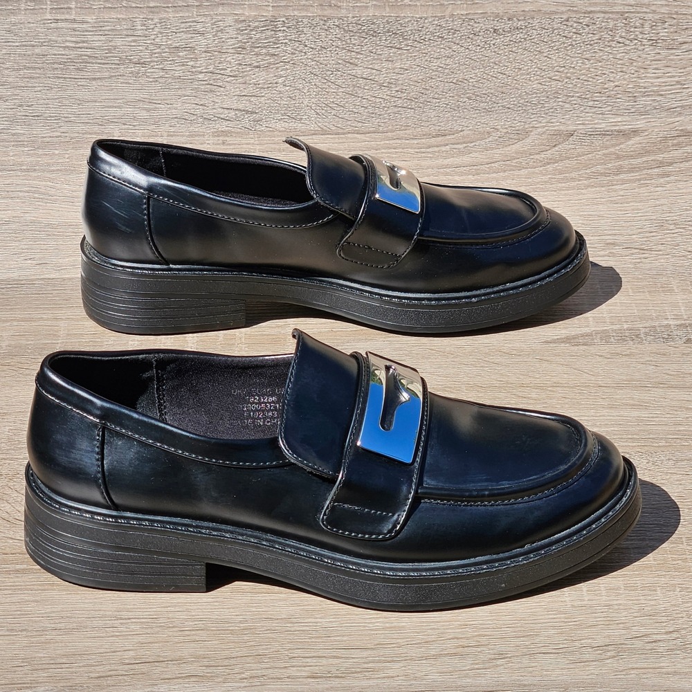 ASOS DESIGN Black Chunky Platform Loafers Silver Metal Hardware Womens 9 1102492